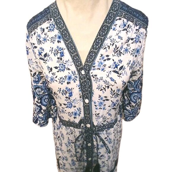 FP To Love Bohemian Maxi Dress Sz S Blue Santorini Floral Cottagecore Vacation - Picture 5 of 16